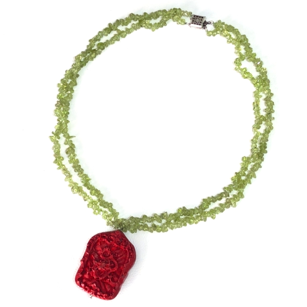 Hand carved Dragon Necklace | Hand Strung Peridit Beads | Precious Gemstones |